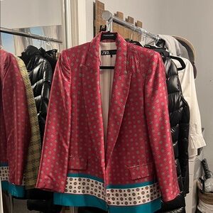 Zara Women's Blazer with Red and Teal Pattern